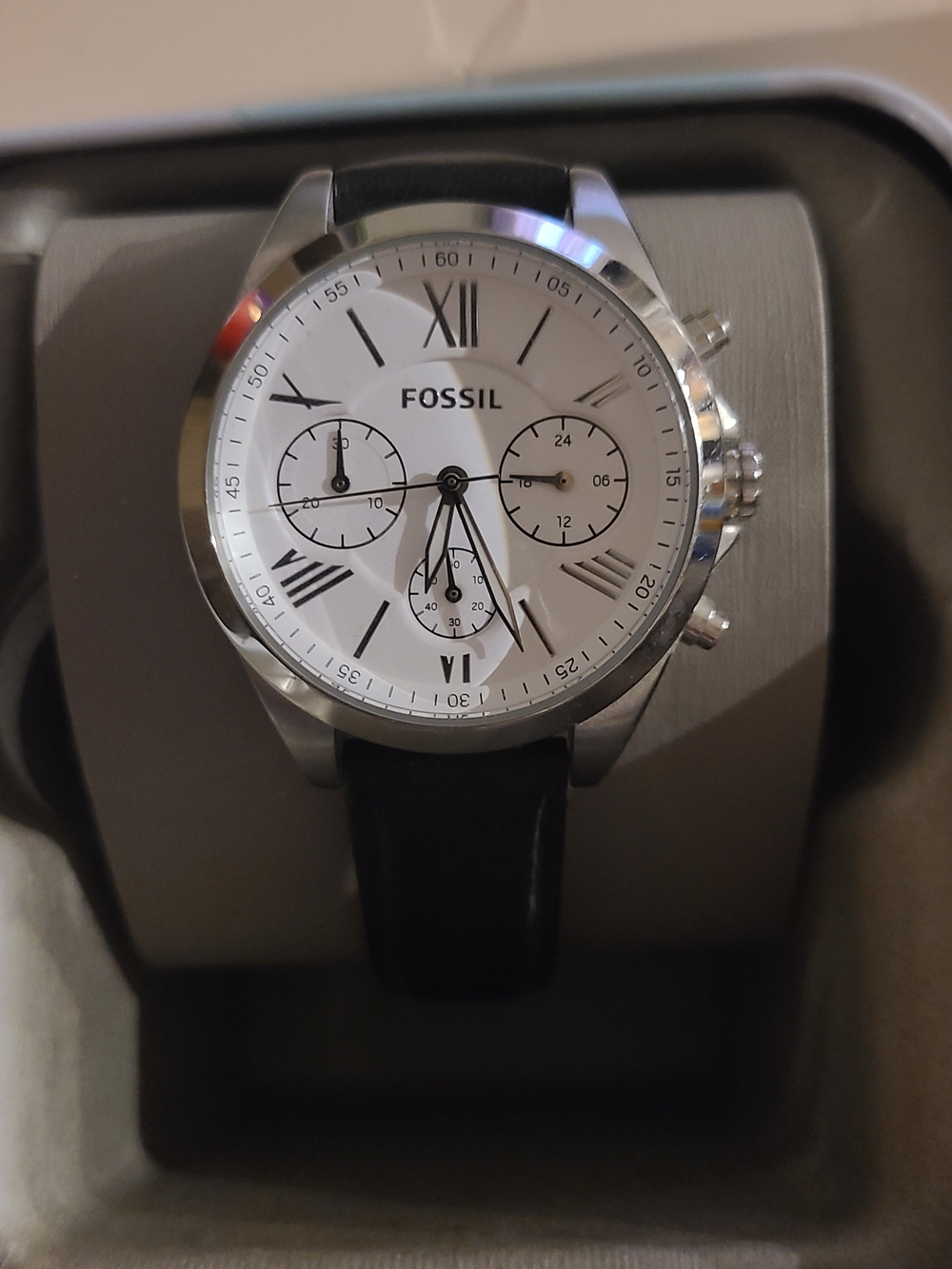 Fossil Women’s Silver Case White Dial Black Leather Strap Watch